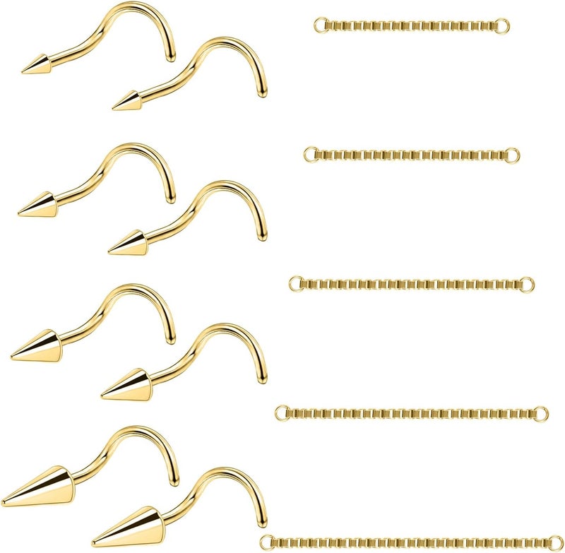 AccGin Store 20G Spike Nose Rings Studs with Chains Stainless Steel Spike Nostril Ring Stud Chain Black Rook Corkscrew Ring L-Shaped Nose Piercing Jewelry Nose Piercing Stud Lip Piercing Jewelry Black Silver Gold - Image 1
